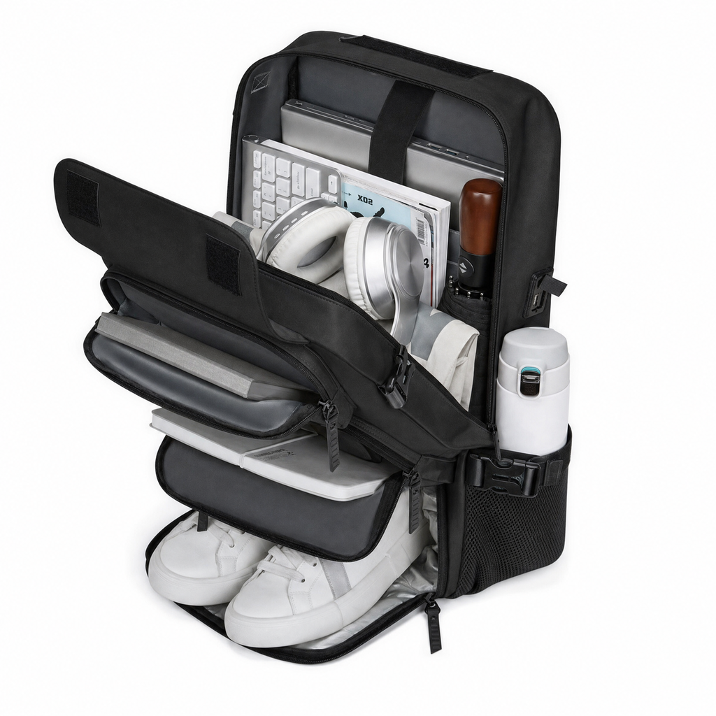Open view of the Blackety Black convertible travel backpack showing interior compartments, laptop sleeve, and shoe pocket