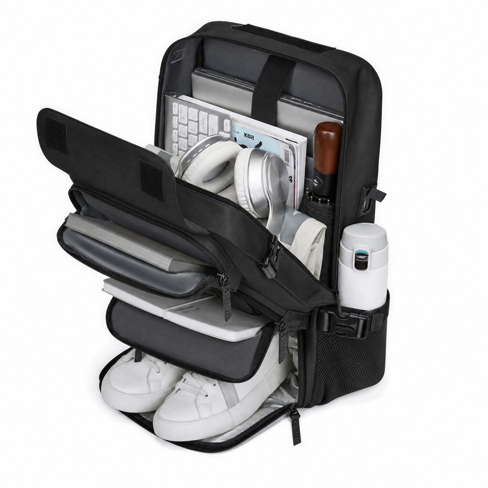 Open view of the Blackety Black convertible travel backpack showing interior compartments, laptop sleeve, and shoe pocket