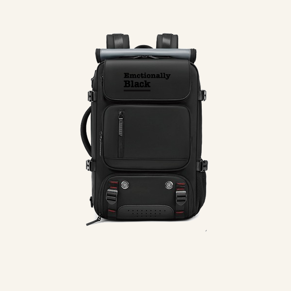Blackety Black convertible travel backpack in matte black with cream Emotionally Black wordmark on the front panel