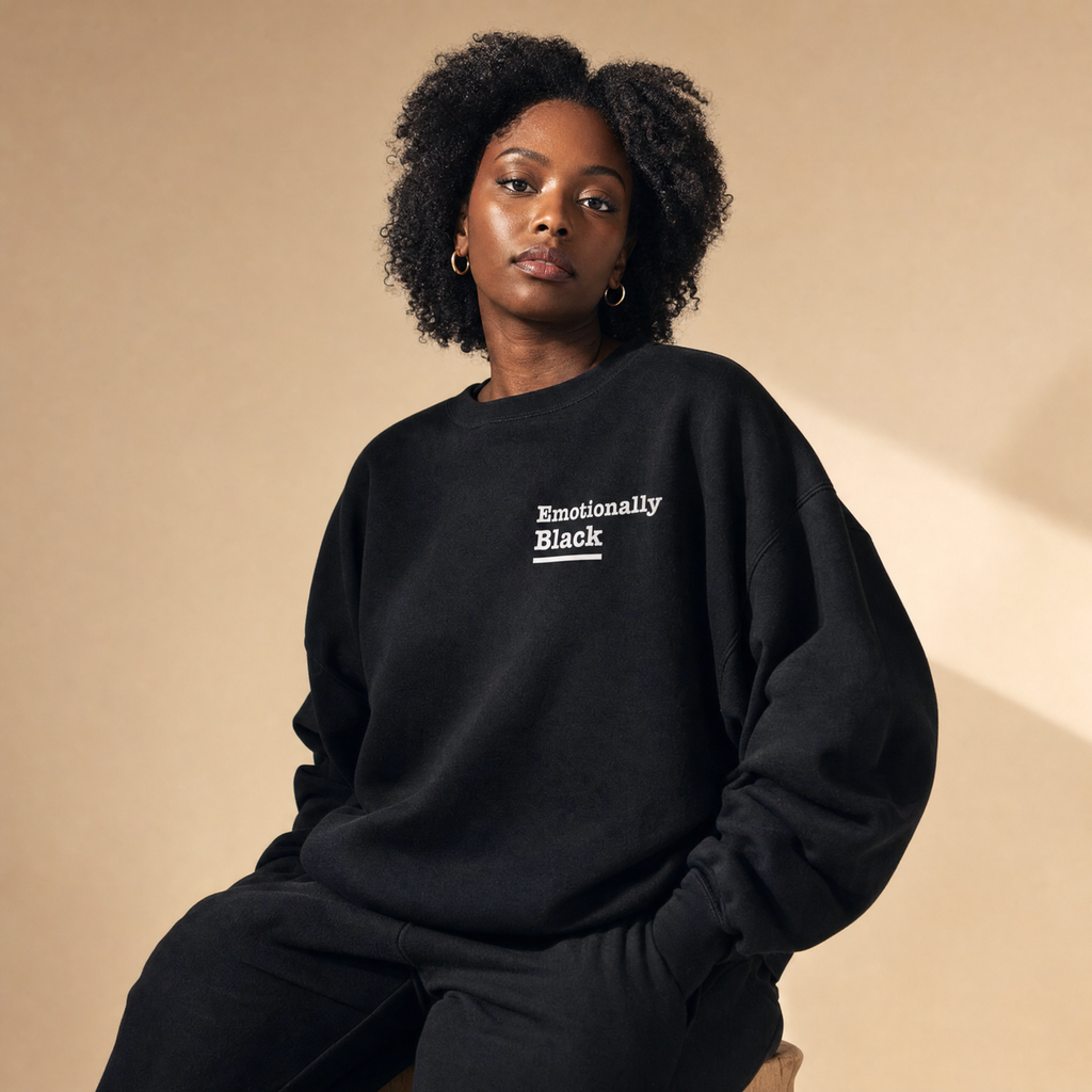 Black model in the Blackety Black Blueprints Don't Need Copies crewneck — Emotionally Black left chest