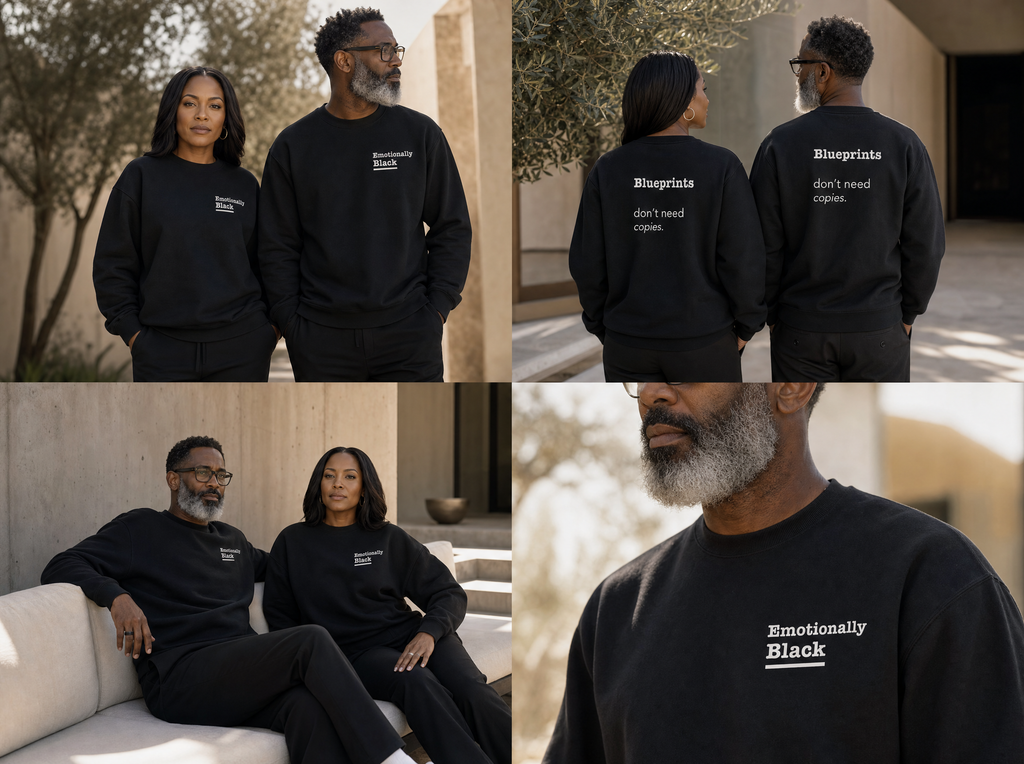Back view of the Blackety Black Blueprints Don't Need Copies crewneck — full statement back print