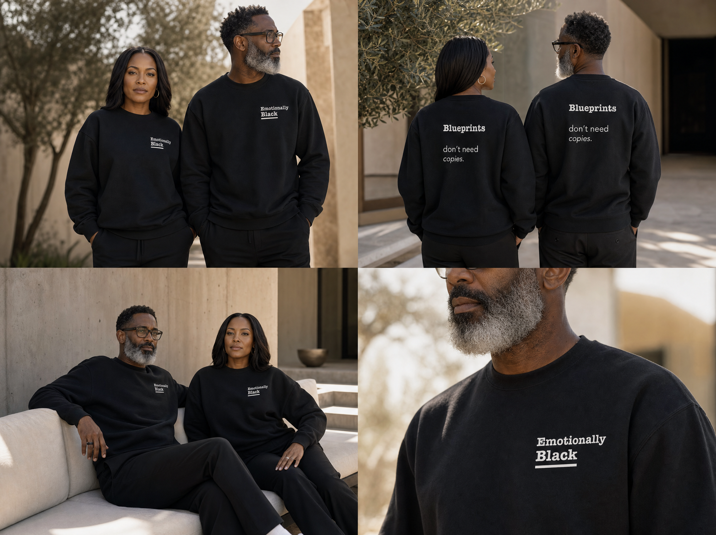 Back view of the Blackety Black Blueprints Don't Need Copies crewneck — full statement back print