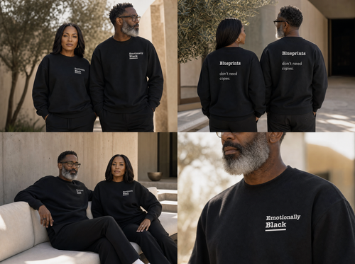 Back view of the Blackety Black Blueprints Don't Need Copies crewneck — full statement back print