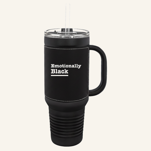 Blackety Black 40oz Polar Camel travel tumbler in matte black with cream Emotionally Black wordmark on the leatherette panel