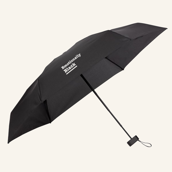Blackety Black 37-inch compact travel umbrella with cream Emotionally Black print on a matte black canopy